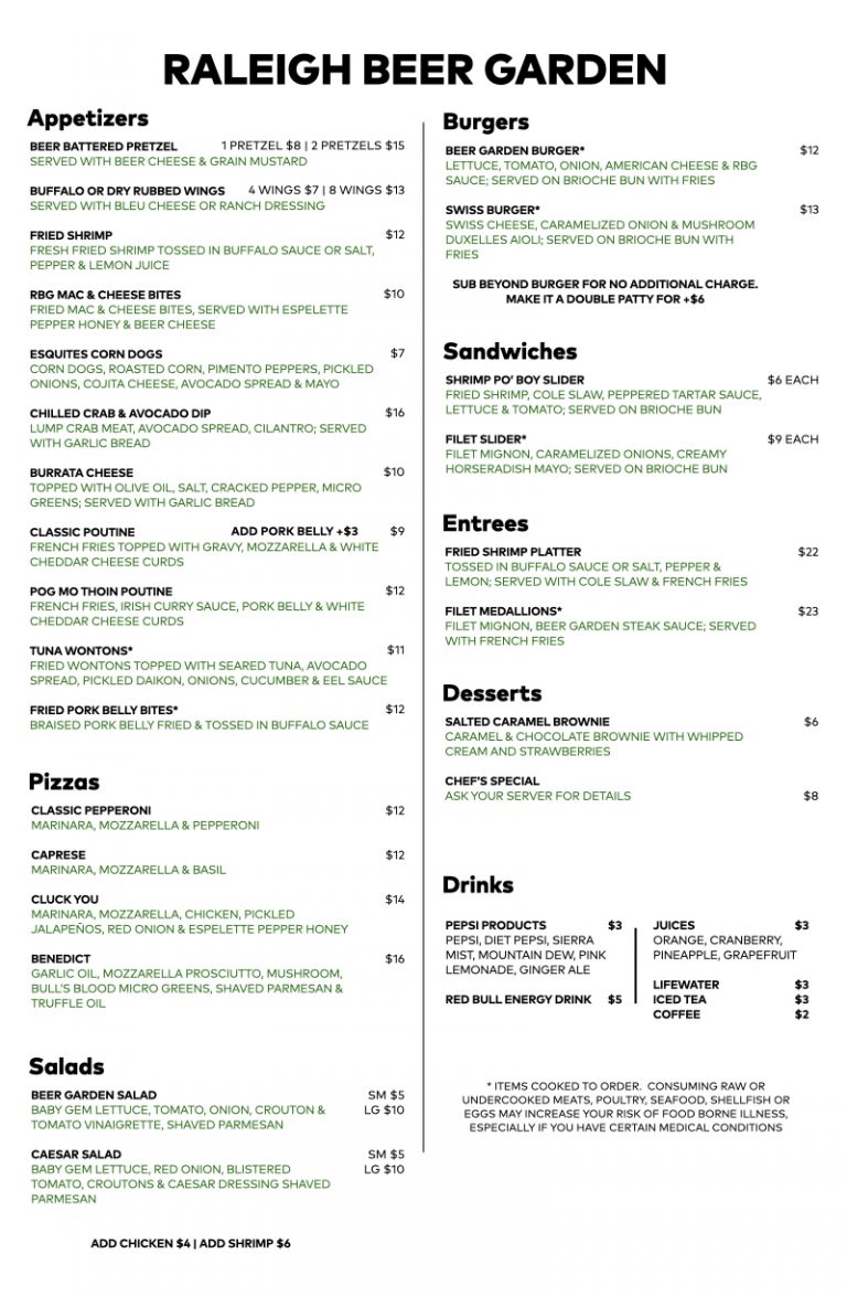Menu The Raleigh Beer Garden