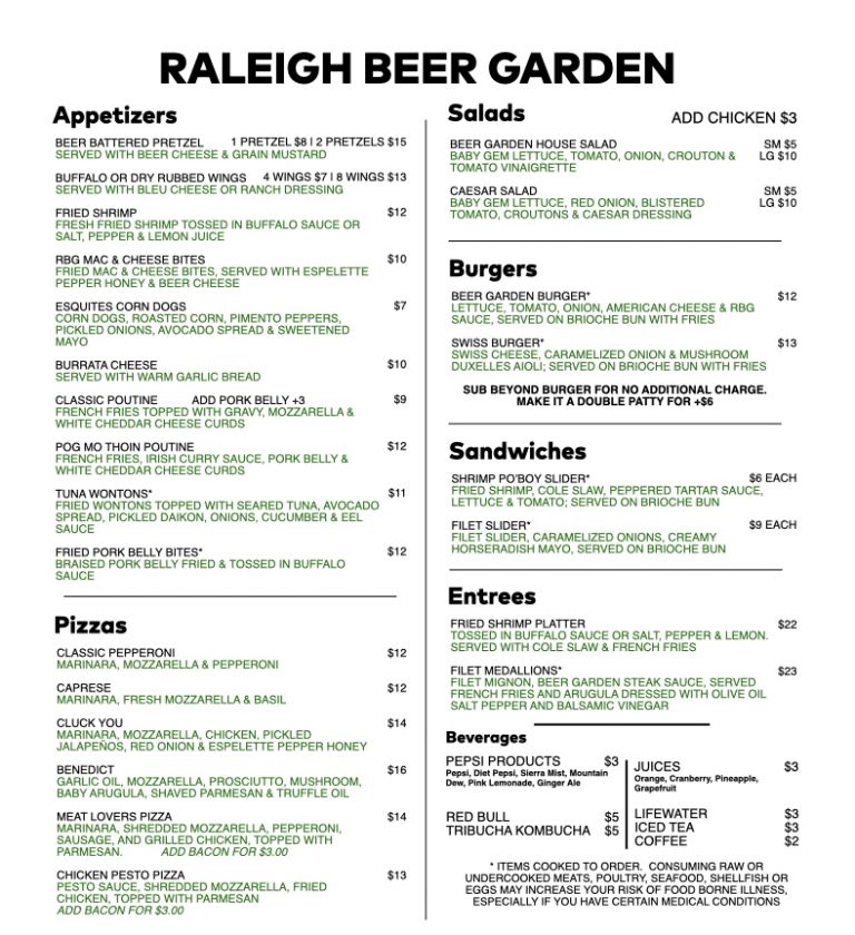 Menu The Raleigh Beer Garden